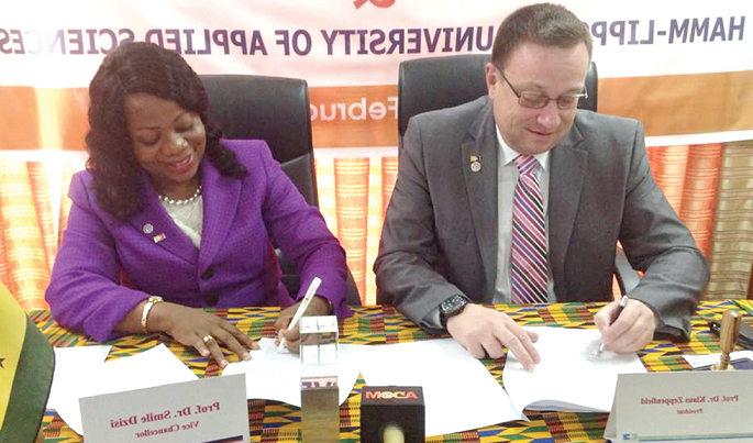 The Vice-Chancellor of KTU, Prof. Smile Dzisi (right), and the President of Hamm-Lippstadt University of Applied Sciences (HSHL), signing the MoU The Vice-Chancellor of KTU, Prof. Smile Dzisi (right), and the President of Hamm-Lippstadt University of Applied Sciences (HSHL), signing the MoU